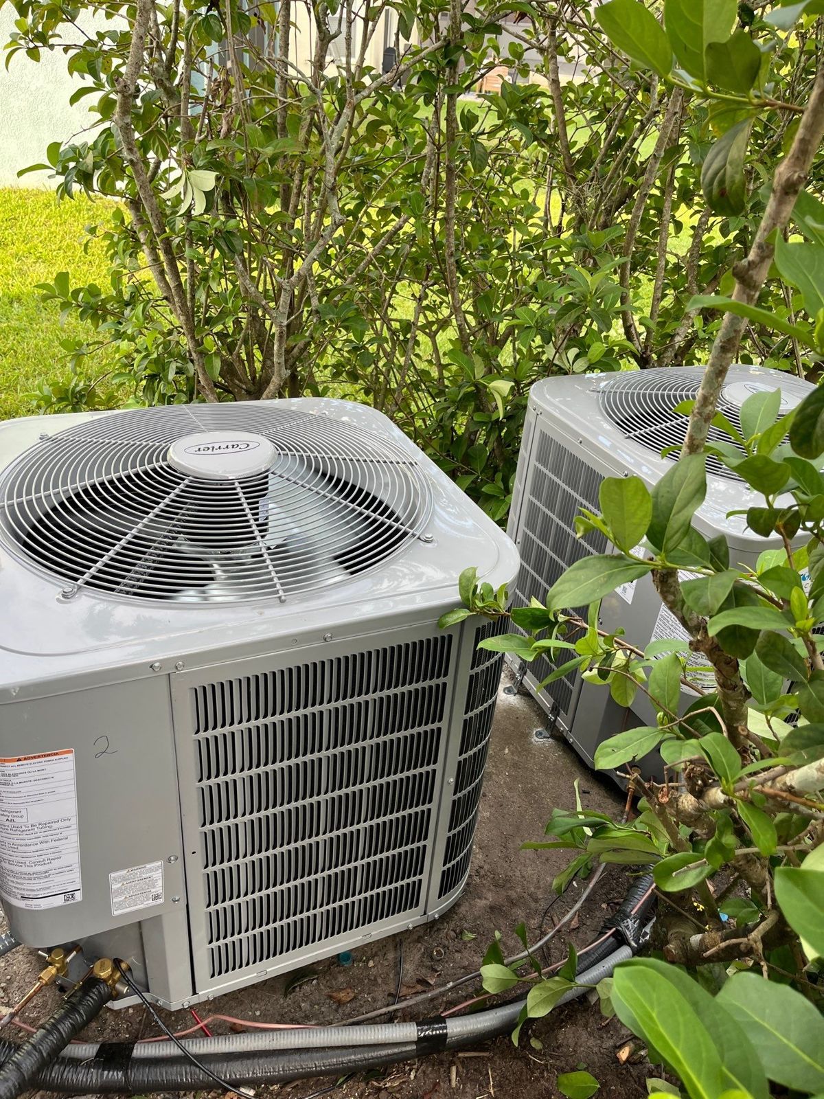 Two new heat pump outdoor units side by side at a Wesley Chapel home