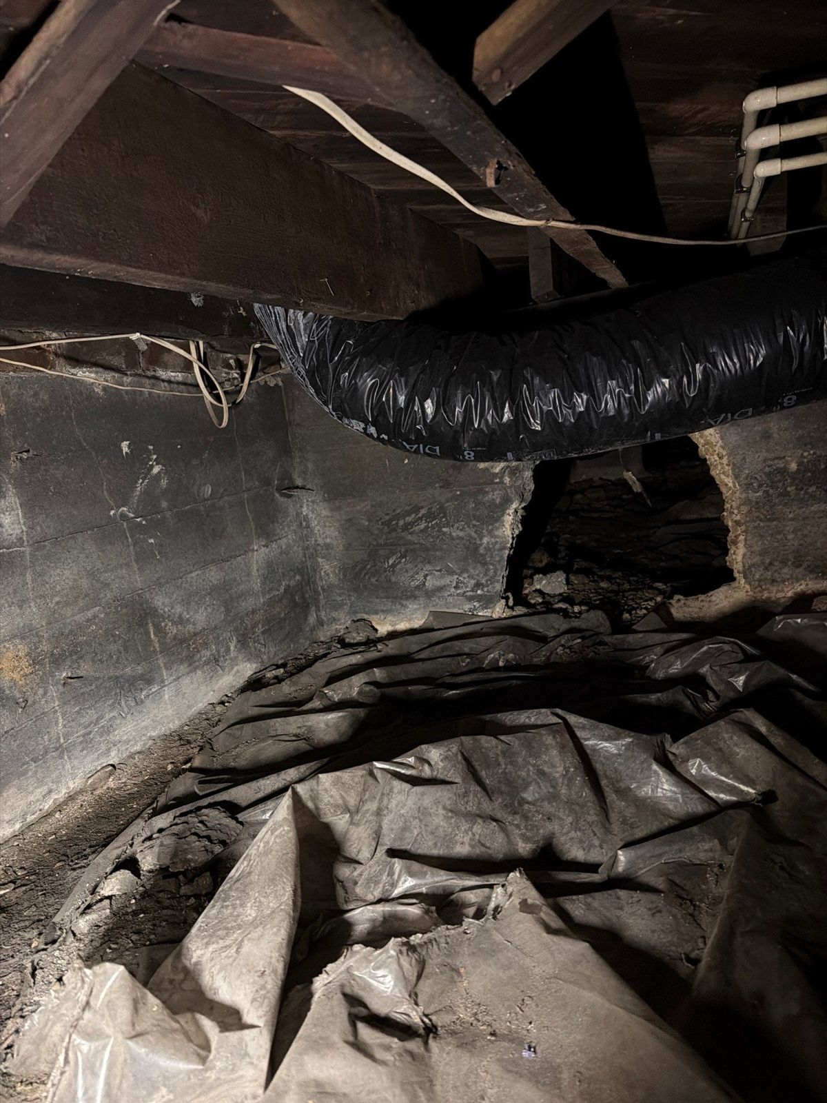 Old flex duct sagging in the crawlspace of a raised South Tampa home