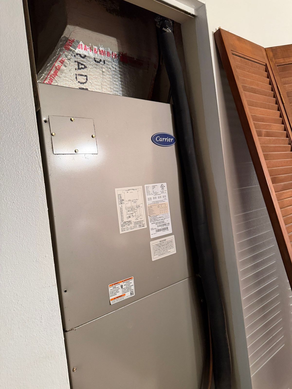 Old vertical air handler in a hall closet before heat pump replacement in Tampa